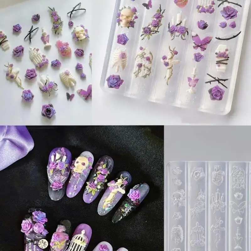 NEW 3D Creative Transparent Nail Mold DIY Nail Art Decoration Rose Candlestick Skull Butterfly Birdcage Nail Art Carving Mold