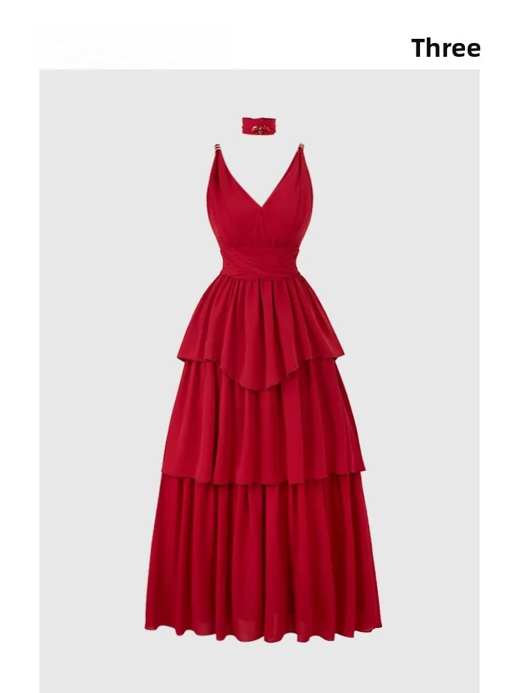 

HEZA Ретро красный V-Ne шифоновый ter Dr женская летняя праздничная длинная юбка со сборкой на талии повседневная юбка трапециевидной формы без S...