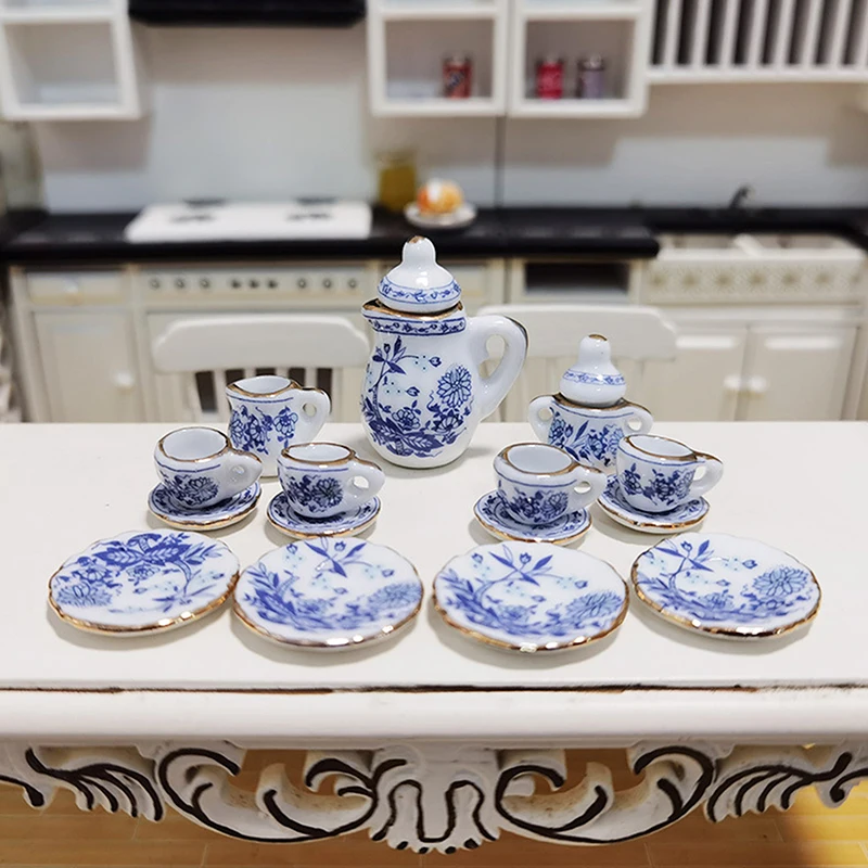 15Pcs Miniature Food And Play Doll House DIY Accessories 1:12 Dollhouse Miniature Tableware Porcelain Ceramic Tea Cup Set