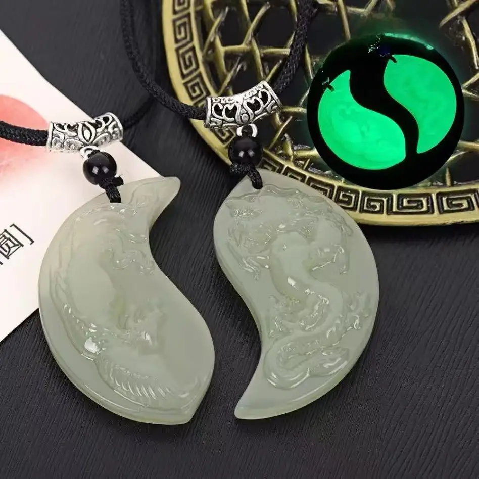 Natural Jade Dragon Phoenix Jade Pendant Necklace Lucky Exorcise Evil Spirits Safety Auspicious Charms Necklace Couple Gift