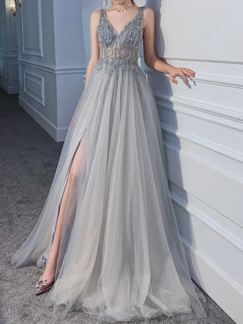 

Elegant Sexy Spaghetti Straps Evening Dress V-Neck Rhinestones Beading Formal Prom Gowns Slim Waist Slipt Quinceanera Dresses