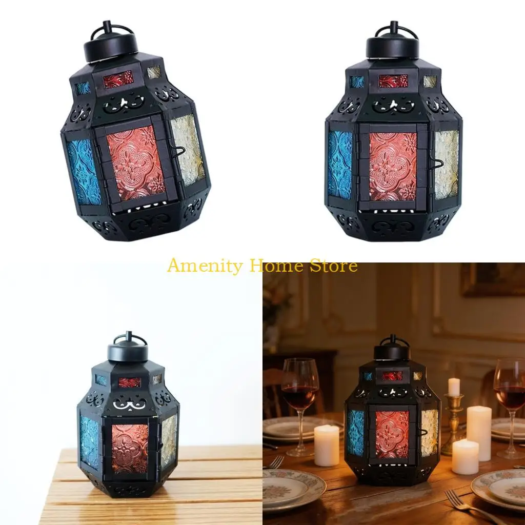 F26C Decorative Windproof Hexagonal Lantern With Multiple Colored Glass And Metal Frame