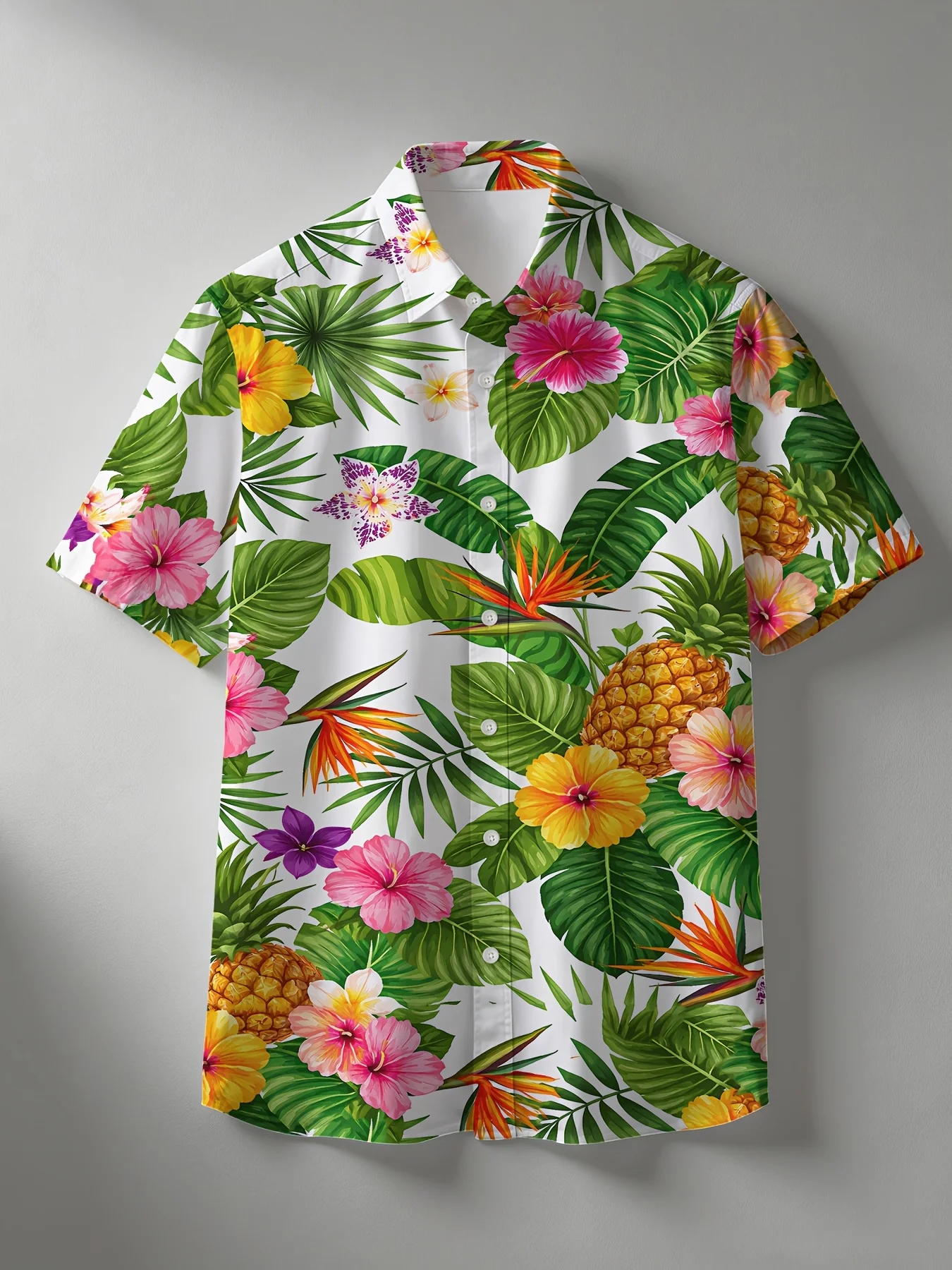 Trendy Men Button‑Up Shirt White Bright Tropical Fruit Floral Leaf Art Print Polyester Beach Casual