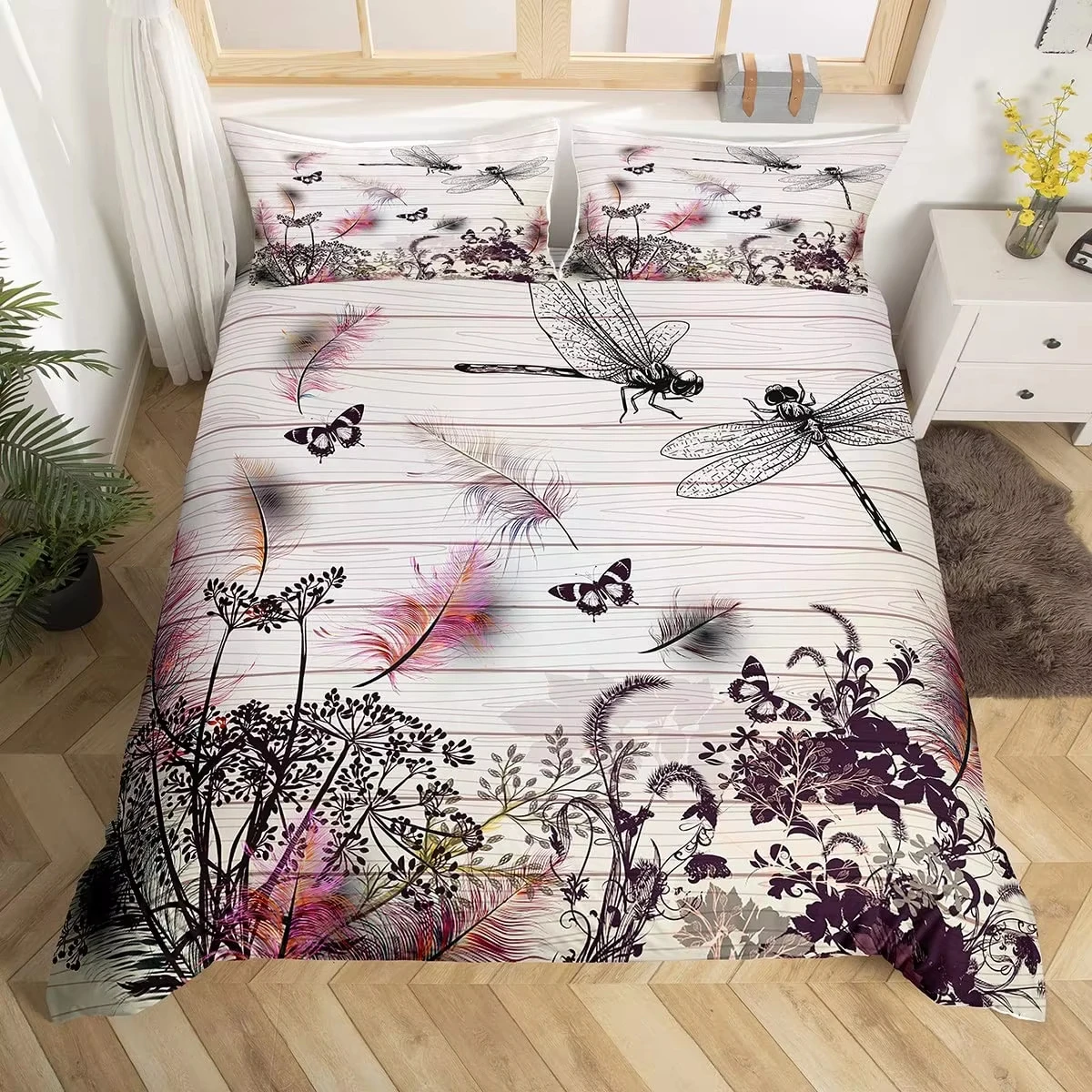 Butterflies Floral Hippie Bedding Set Queen Cute Groovy Butterfly Flower Power Comforter Cover Boho Natural Flowers Duvet Cover