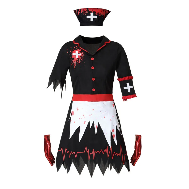 Black Vampire Costume Female Nurse Dress Nurse Hat Glove Sets Horror Zombie Cosplay Costume Party