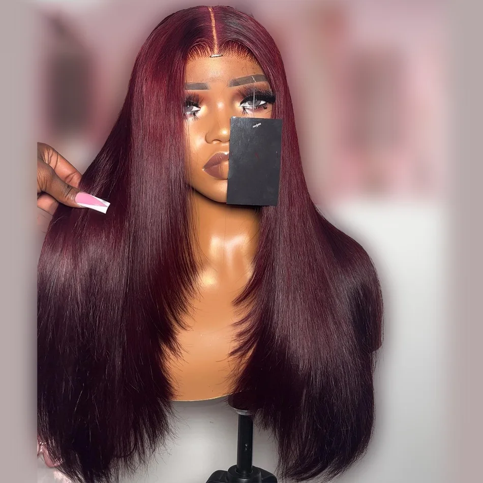 

Soft Burgundy 26inch 180% Density 99j Long Silky Straight Lace Front Wigs For Black Women Baby Hair Glueless Preplucked Daily