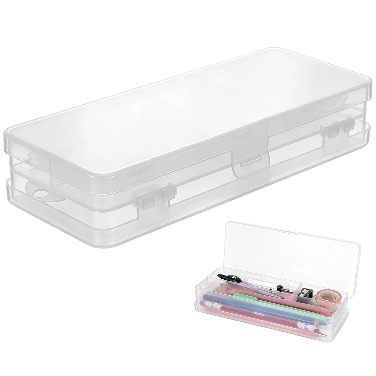 Clear Double Compartment Pencil Box Large Capacity Plastic Pencil Case Snap Closure for Adults Office Stationery