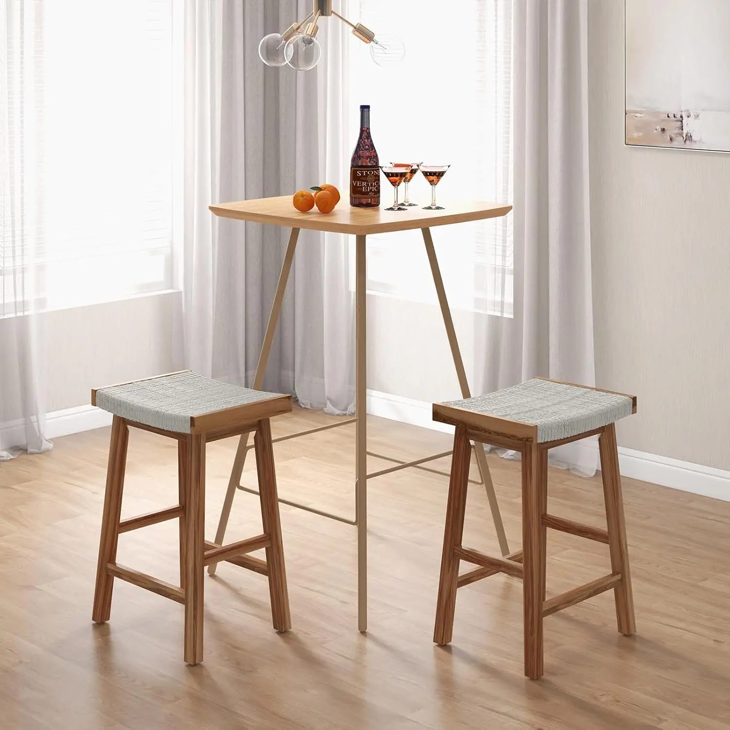 Costway-Jantar Saddle Stools Set, Contra Altura Cadeiras, Algas Seat Tecido, Borracha Madeira, Acácia Quadro de Madeira, 25,5 polegadas, Conjunto de 2