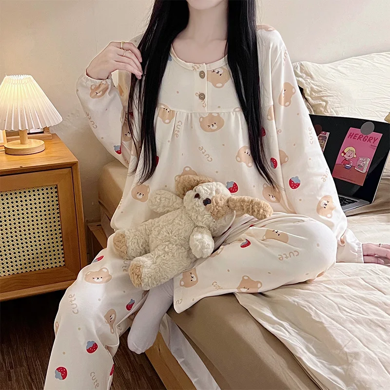 2024 Spring Autumn Women Pajama Sets New Long Sleeve Pants Pijama Korean Cute Girl Loose Sleepwear Imitation Cotton Home Clothes