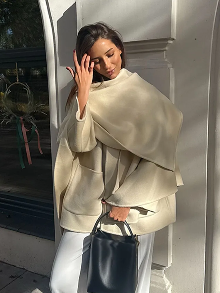 

HH Winter Woman Fashion Overcoat Solid Scarf Collar Long Sleeves Pocket Decoration Button Female Casual Loose Chic Coats