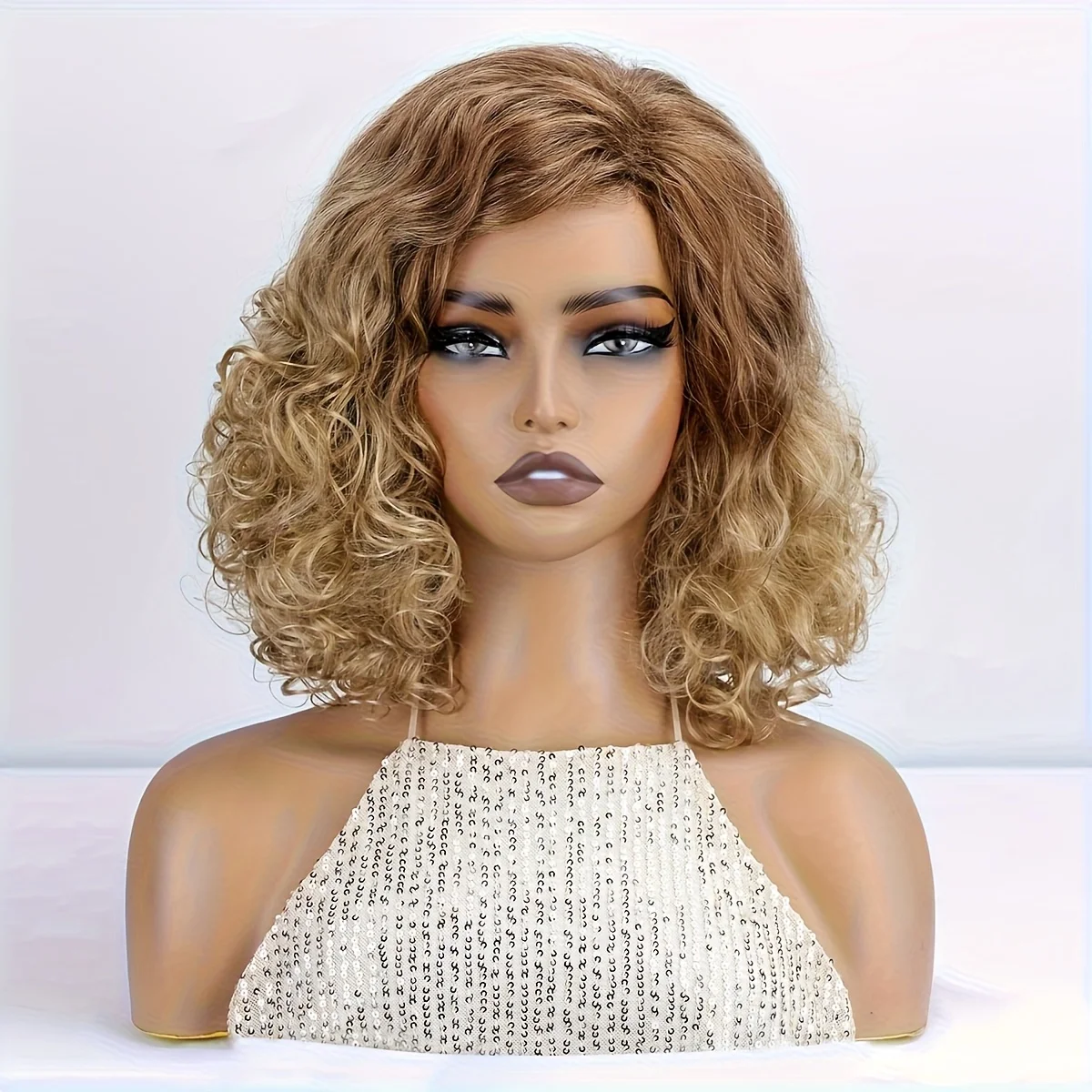 Elegant, fluffy, fashionable short curly wig  women, synthetic fiber, short hair, heat-resistant high-temperature silk inner net