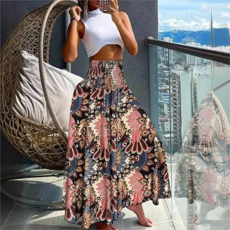 Boho Print Skirts For Women 2024 Summer Casual Elastic High Waist A-line Big Swing Long Dress Vacation Beach Party Skirt Robe