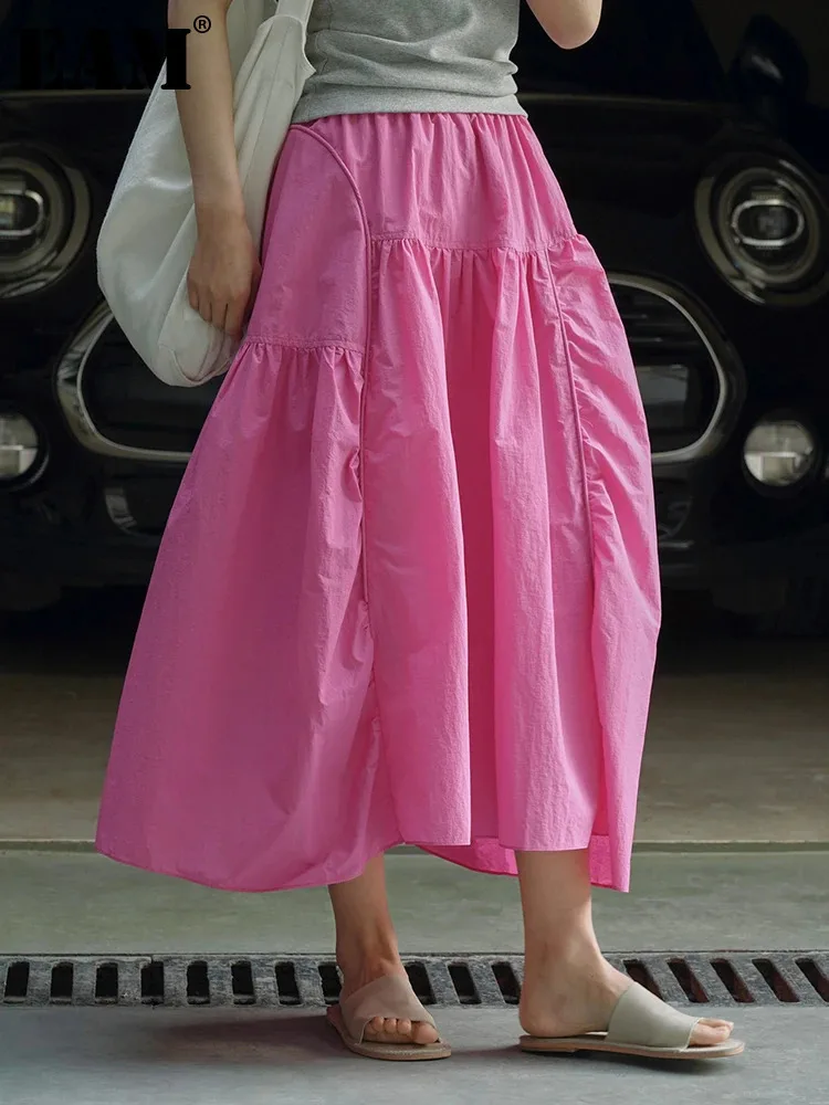 High Elastic Waist pink Color Irregular Pleated A-line Half-body Skirt Women Fashion Tide New Spring Autumn