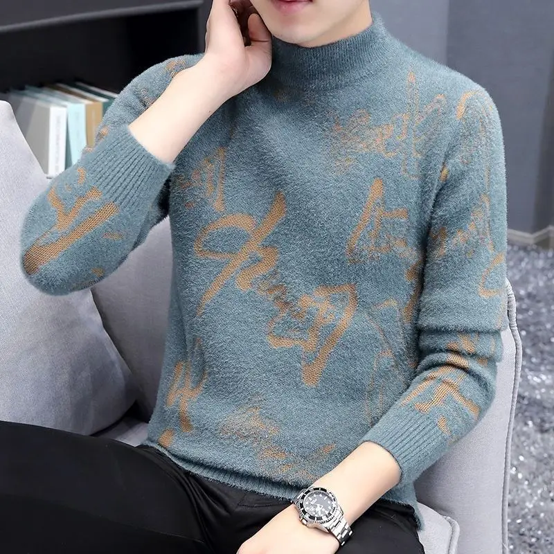 Fashion Printed Half High Collar Spliced All-match Sweaters Men's Clothing 2022 Autumn New Casual Pullovers Loose Korean Tops