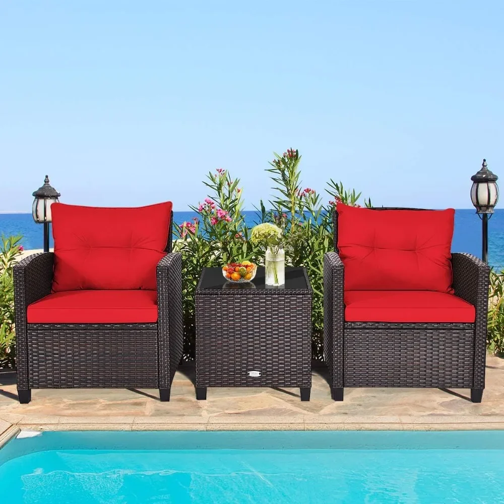

3-piece terrace conversation set, outdoor furniture set, PE rattan sofa set with detachable cushion, PE wicker chair set