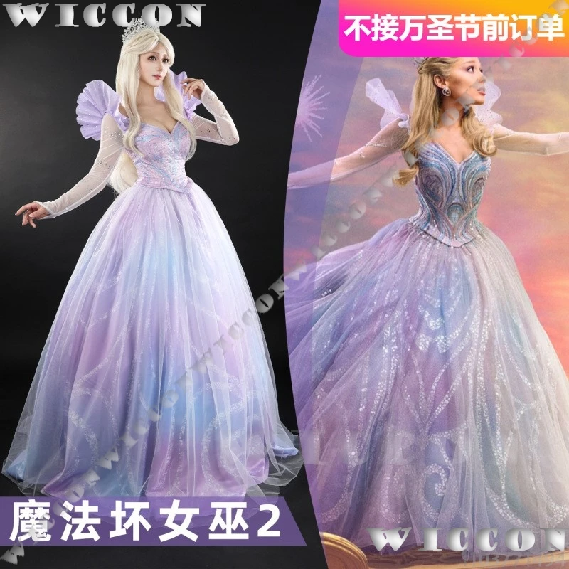 Glinda الأميرة فيلم الشريرة 2 تأثيري الساحرة زي الوردي الأرجواني فستان يتوهم فتاة امرأة البدلة شعر مستعار أشقر الدعامة حفلة الهالوين كوس