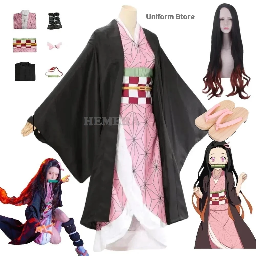 Kamado Nezuko Cosplay Costume Wig Anime Kimono Kamado Nezuko Wig Uniform Halloween Demon Nail Women Kids Clothes In Stock