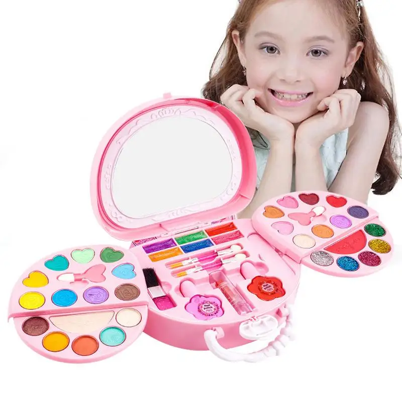 Kids Makeup Box Kit Princess Washable Makeup Kits Pink Pretend Beauty Set Real Portable Safe Makeup Toys For Toddler & Kids