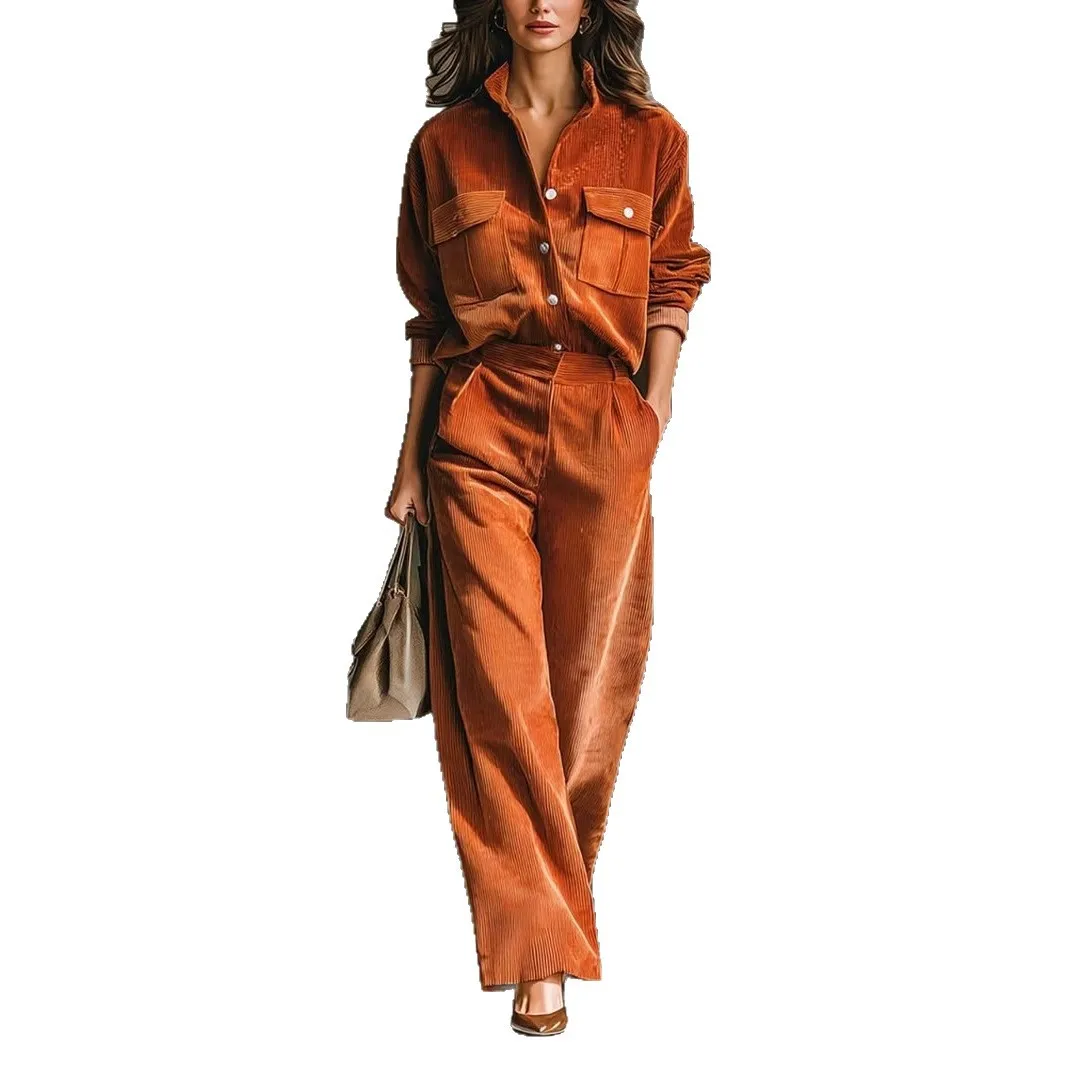 Cordhemd und -hose Set für Damen, Reverskragen, Knopfleiste, lange Ärmel, weit geschnittene Hose, lässiger Herbst-Trainingsanzug – Detail 5