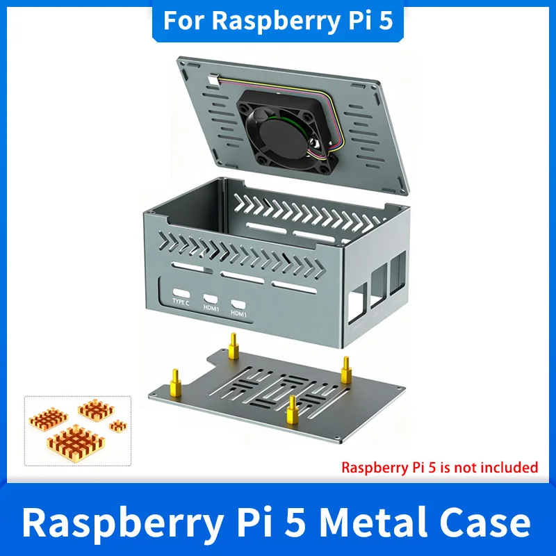 Raspberry Pi 5 Metal Case with PWM Cooling Fan Pure Copper Heatsinks Passive Active Cooling Aluminum Enclosure for RPi 5