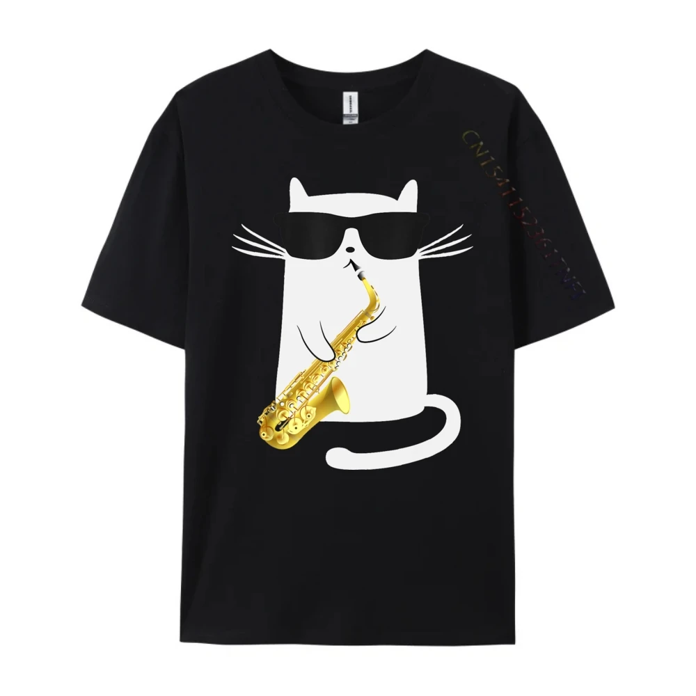 The cat plays the saxophone Graphic T Shirts Men Cotton Man Clothes T-shirts