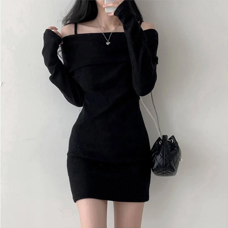 Y2K Women Knitted Mini Dress Korean Sexy Off Shoulder Female Dress Spring New Spaghetti Strap Long Sleeve Ladies Vestidos