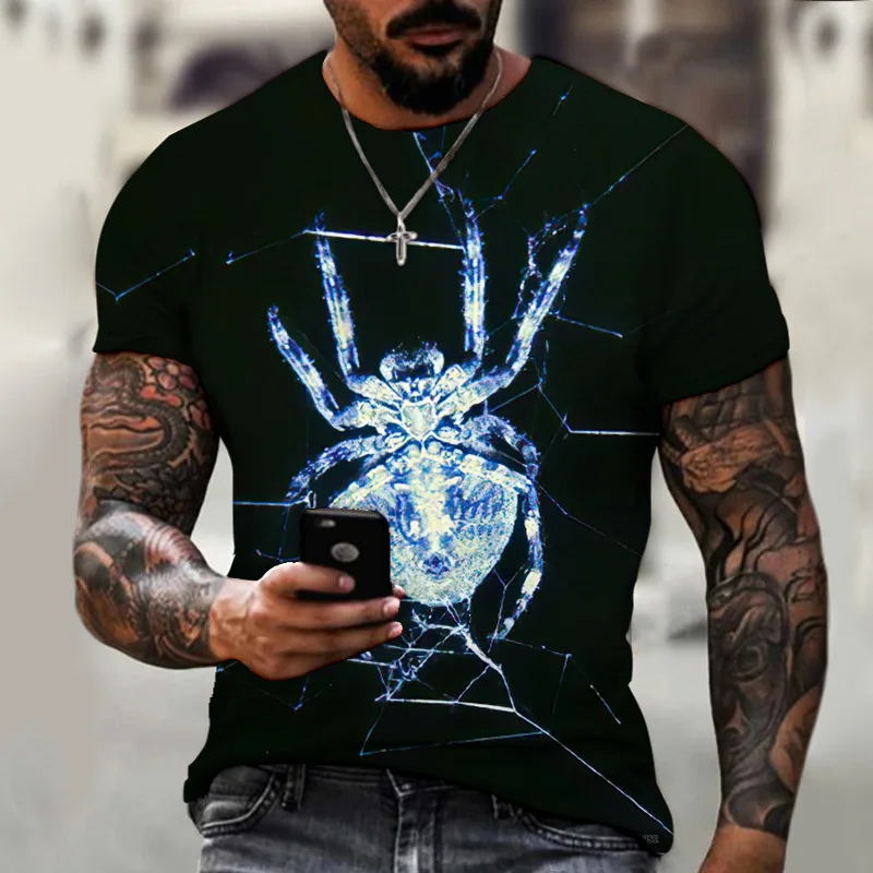 Fashion T-shirt Animal Print T-shirt Men\'s Best Quality Spider Web Pattern Clothes Street Retro Loose Oversized Top Tees 2023