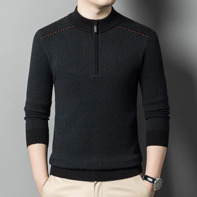 남성용 스플라이스 컬러 비즈니스 캐주얼 슬림핏 지퍼 풀오버 스웨터, 두꺼운 니트 아빠 스웨터, 가을 겨울 의류 상의