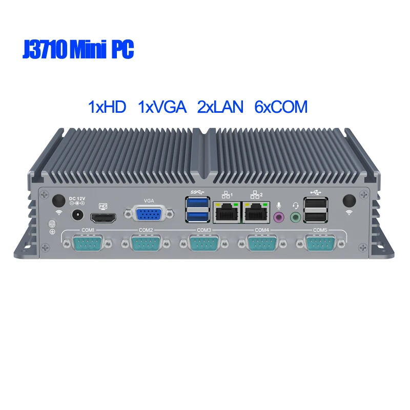 كمبيوتر صغير رخيص بدون مروحة Intel رباعي النواة J3710 HD VGA Dual LAN سطح المكتب الصناعي IoT الكمبيوتر 6xCOM RS232 أو RS485 Windows 10