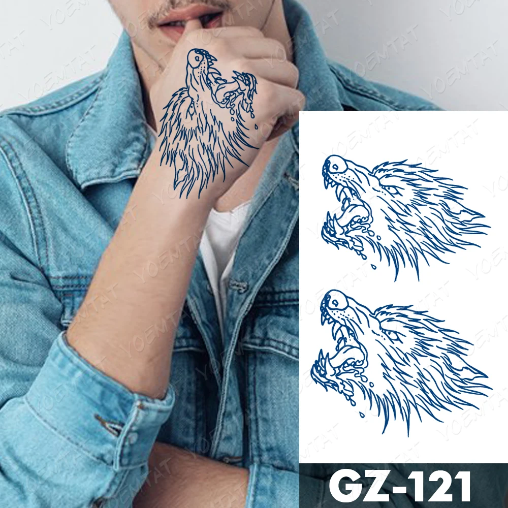 Faux tatouage 3D à encre animale bleue pour hommes et femmes, autocollant de tatouage temporaire étanche, loup, Dragon, tigre, Scorpion, Art corporel, durable