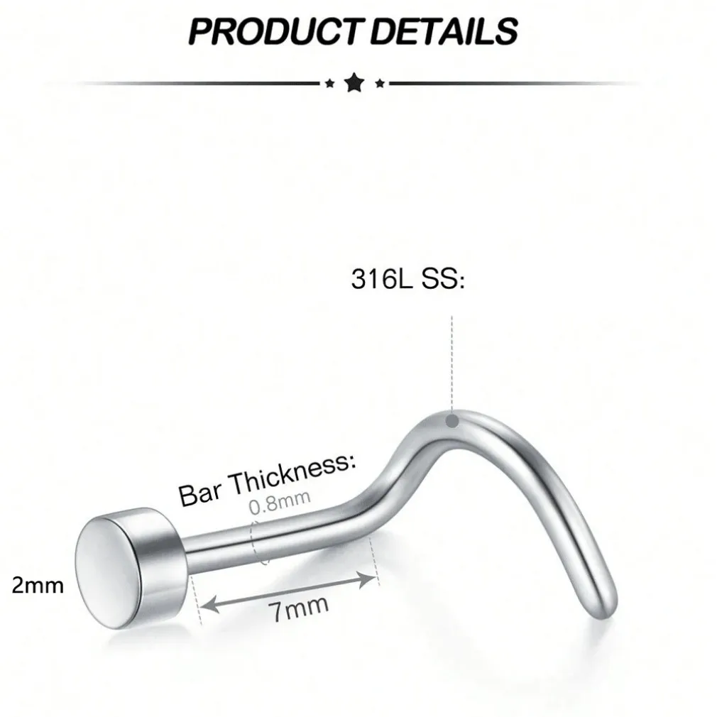 2PCS 20G Stainless Steel Nose Stud Ring Twister Screws L Shaped 2mm Ball Top Nose Piercing Jewelry For Women and Men