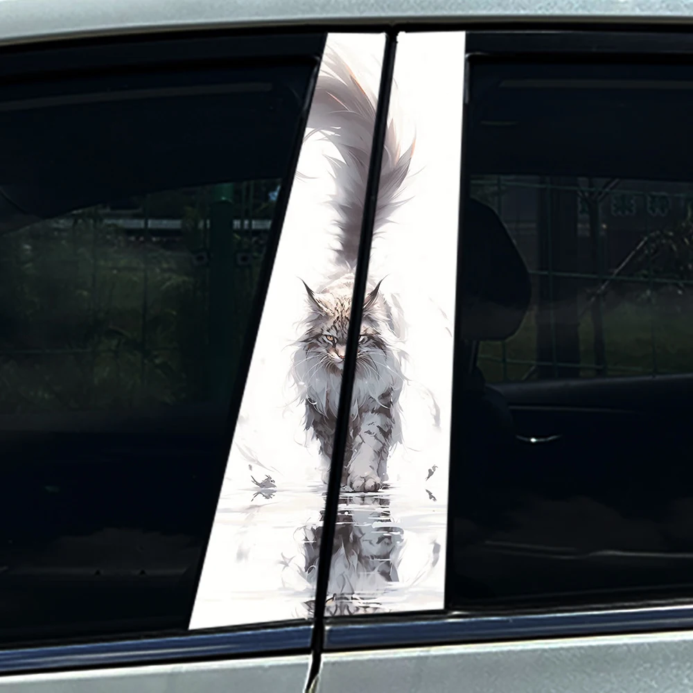 2PCS 3D Watercolor Maine Coon Cat Car B Pillar Sticker, Upgrade PET Material, Waterproof Customizable Auto Decal Universal Fit