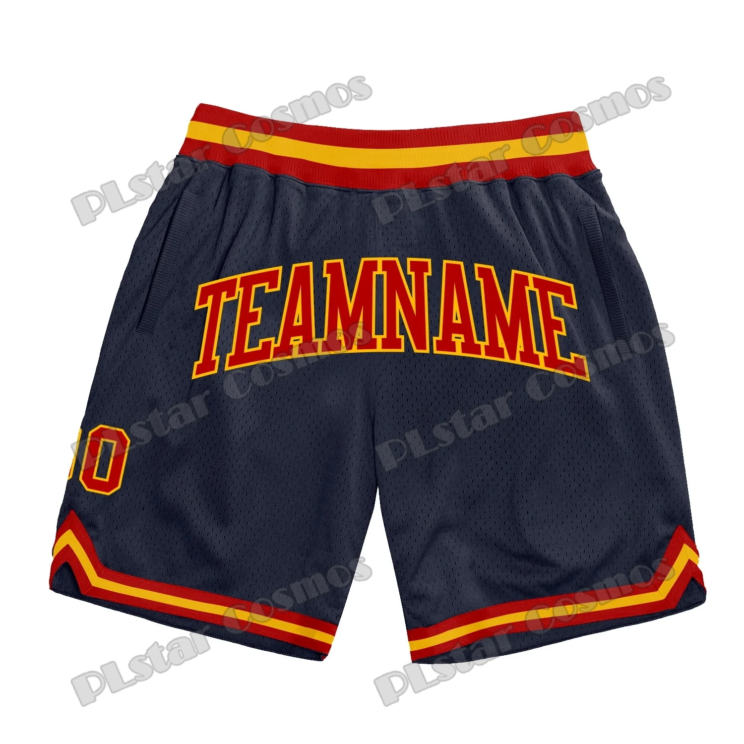 Pantalones cortos de baloncesto con nombre y número personalizados para hombre, Shorts deportivos de malla transpirable para jóvenes, color azul marino, rojo y dorado, LQD16