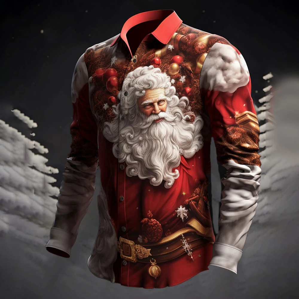 2023 Lapel Single Breasted Hawaii Long Sleeve Plus Size Christmas Shirt Tops Mens Santa Claus Shirt Stereoscopic Printed T Shirt