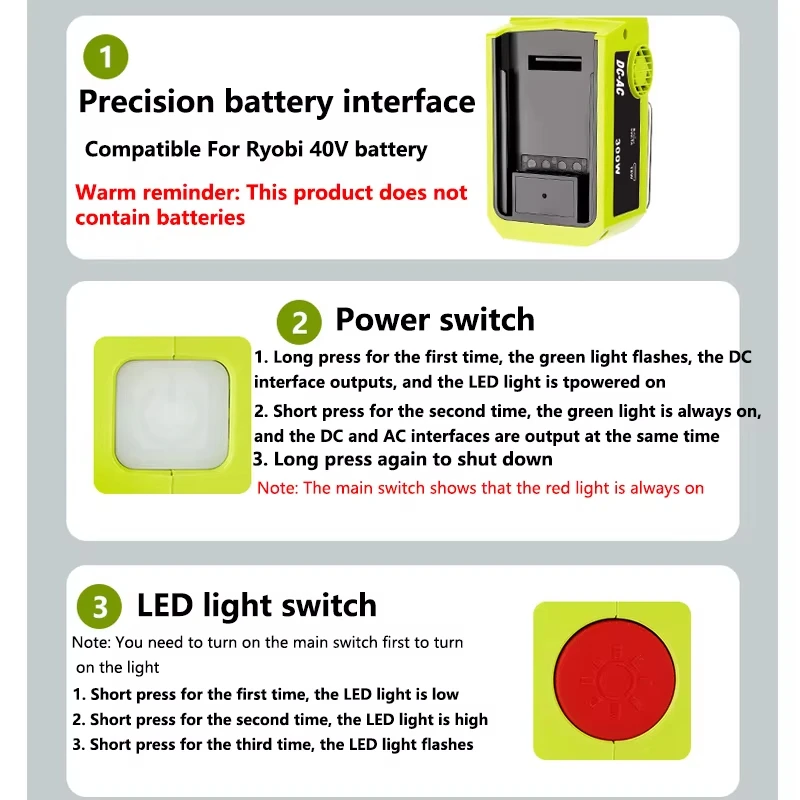 Inversor portátil Ryobi para batería de litio 40V con USB-C y CA - imagen 2