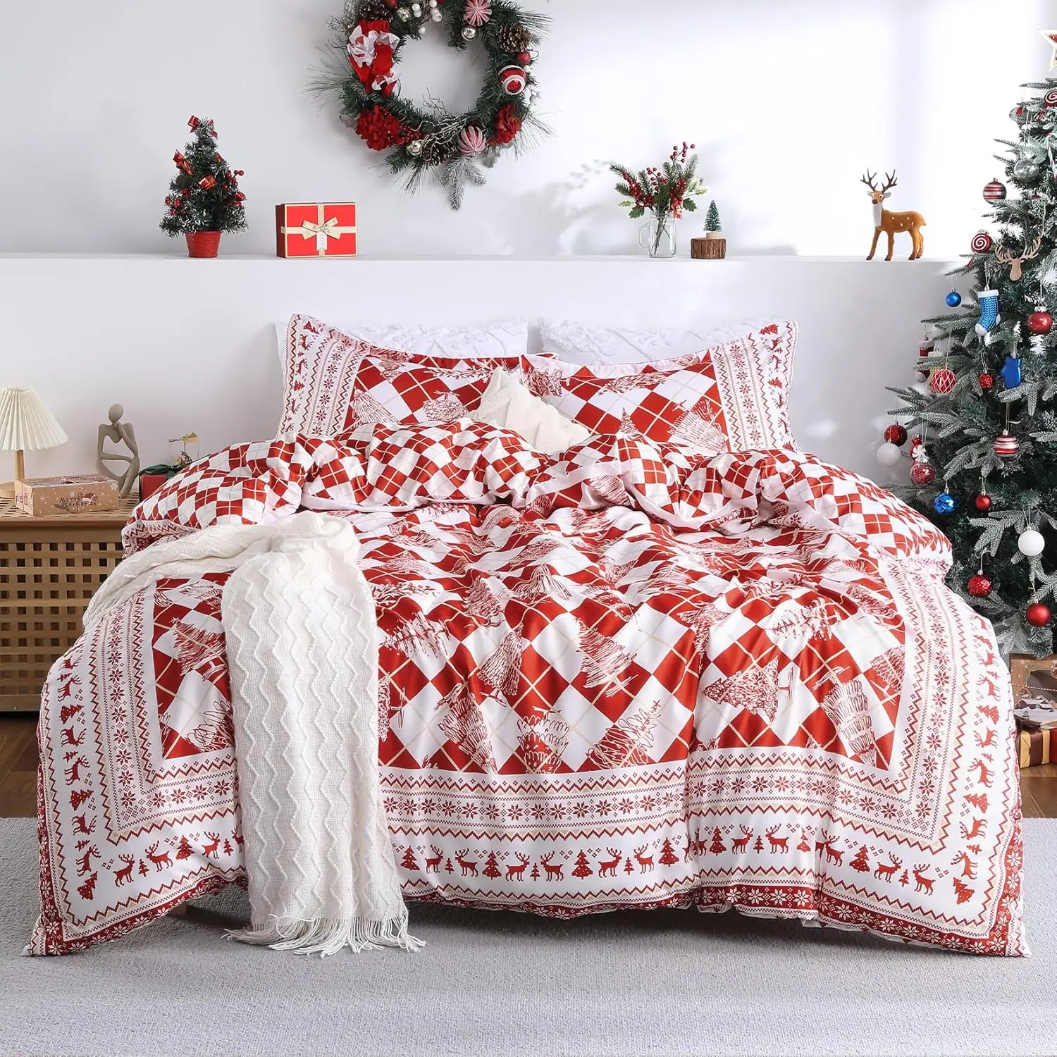 

Christmas Duvet Cover Queen Size - Red Checkered Christmas Tree Printed Xmas Decorations Duvet Cover Set, Soft and Breathable