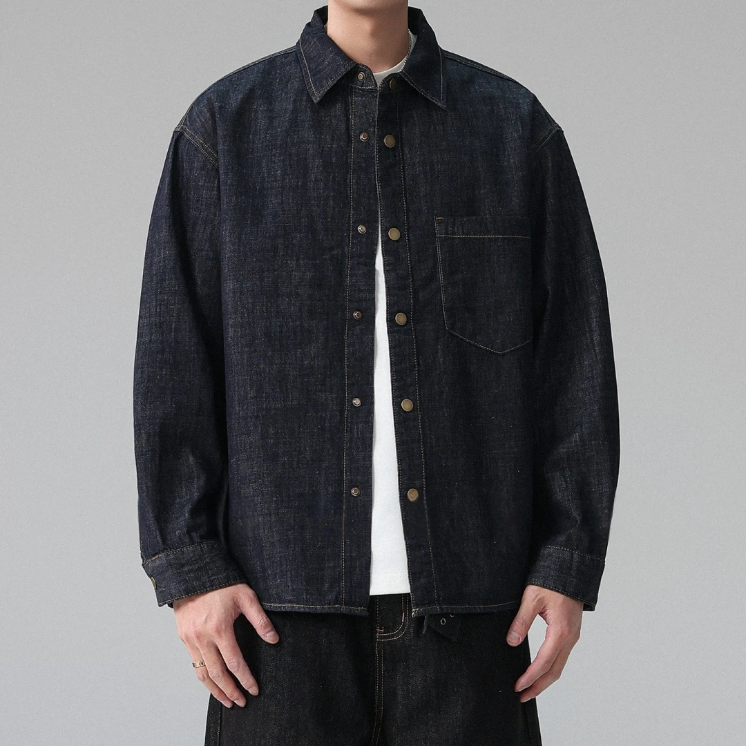 Mens Raw Denim Shirt American High Street Plus Size Oversized Long Sleeve Button Down Spring Autumn Trendy Casual Blue Tops