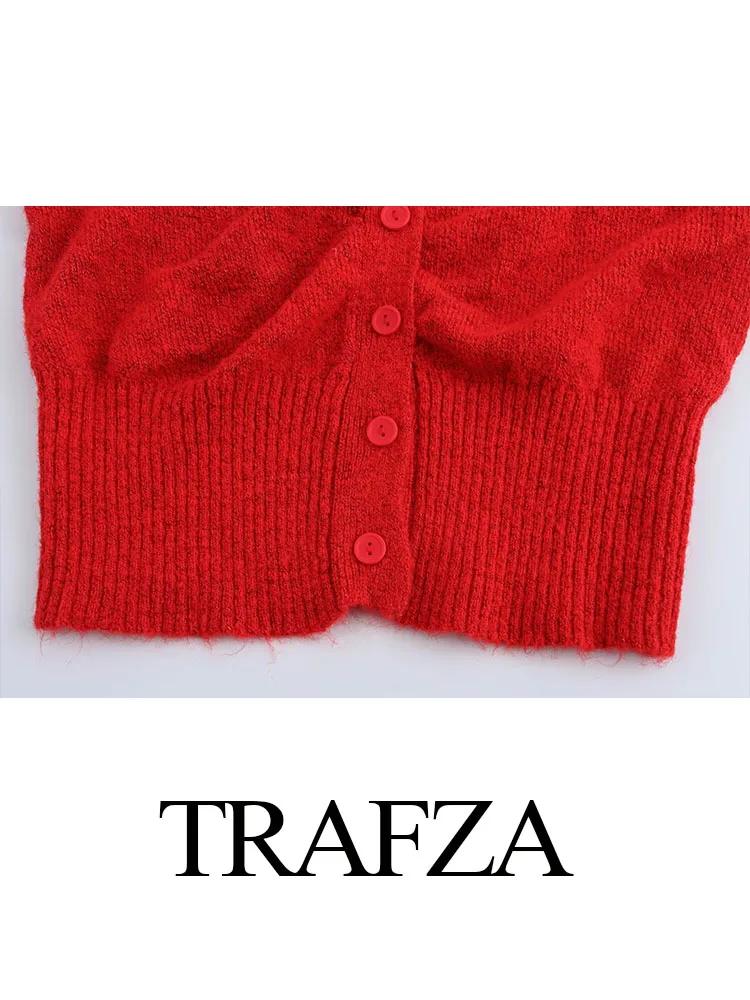 Trafza outono camisola casacos mulher na moda vermelho com decote em v mangas compridas apliques decorar único breasted cardigan feminino topo de malha