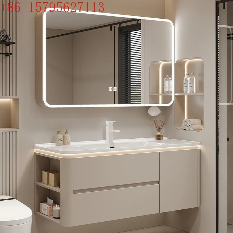 

Современная ванная комната, умный шкаф для ванной комнаты из цельного дерева, простая кремовая ветровая раковина, керамическая встроенная раковина