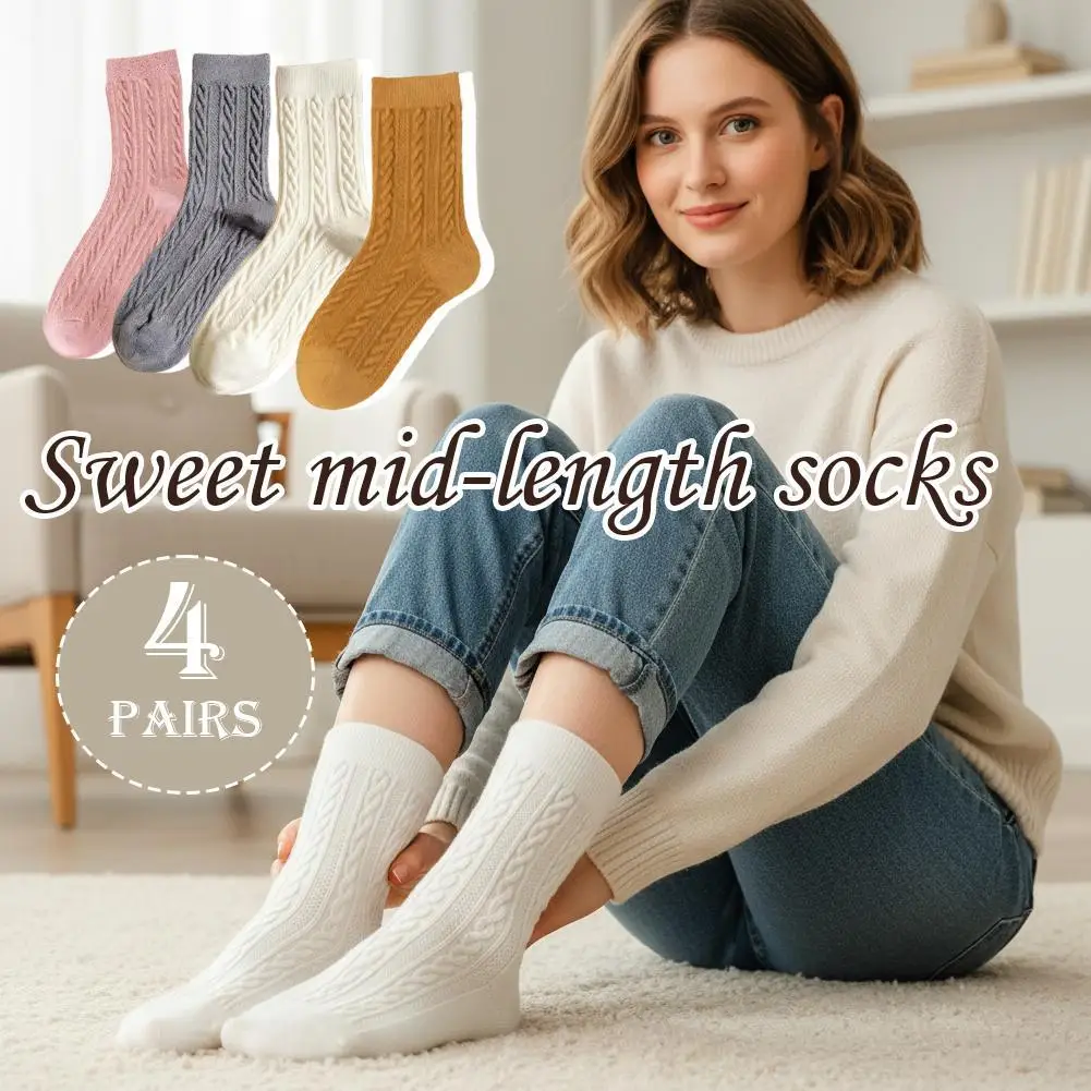 Женские осенние носки средней длины, модные высокие длинные носки с косой, однотонные носки с высоким ворсом, новые