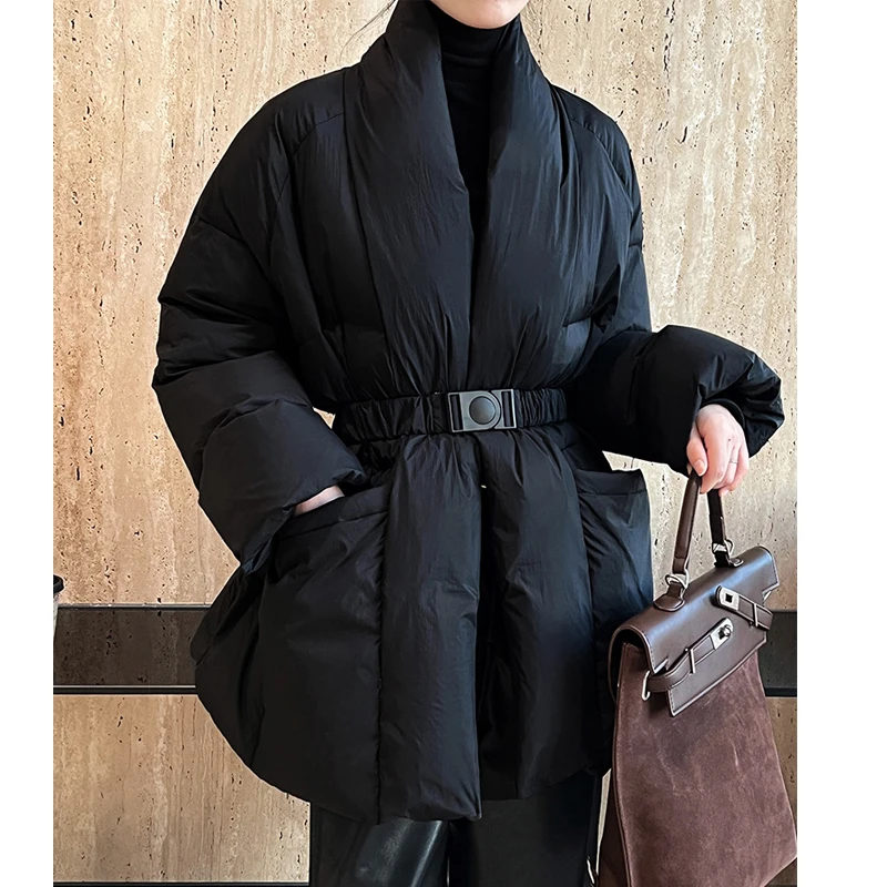 2024 New Women Winter 90 White Duck Down Coat Stand V-Neck Slim Waist Women Warm Thick Jacket Coat Casaco Feminino