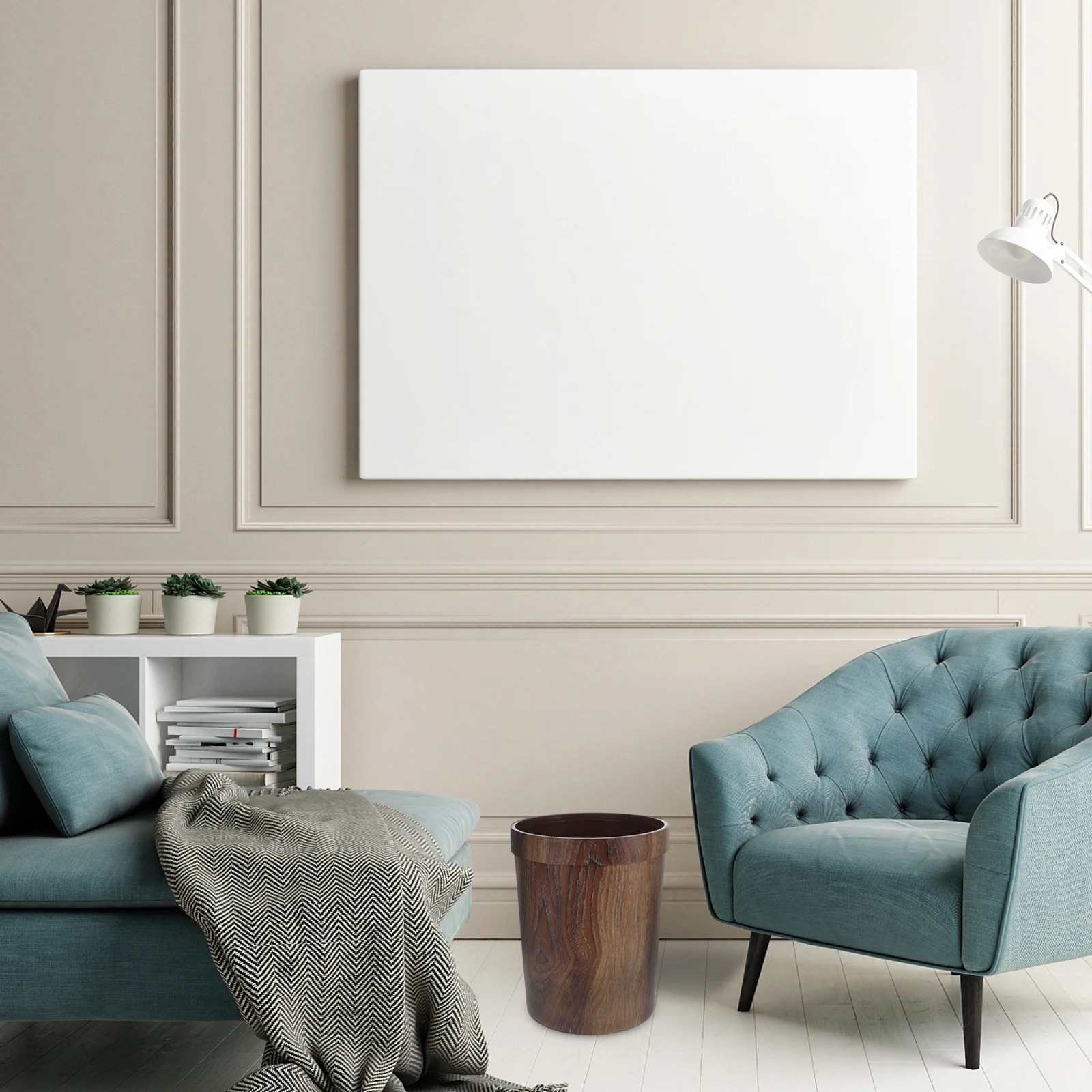 

1Pcs Plastic Trash Can with Fixed Ring Office Wastebasket Imitation Wood Grain Non Slip Waste Bin Trash Can