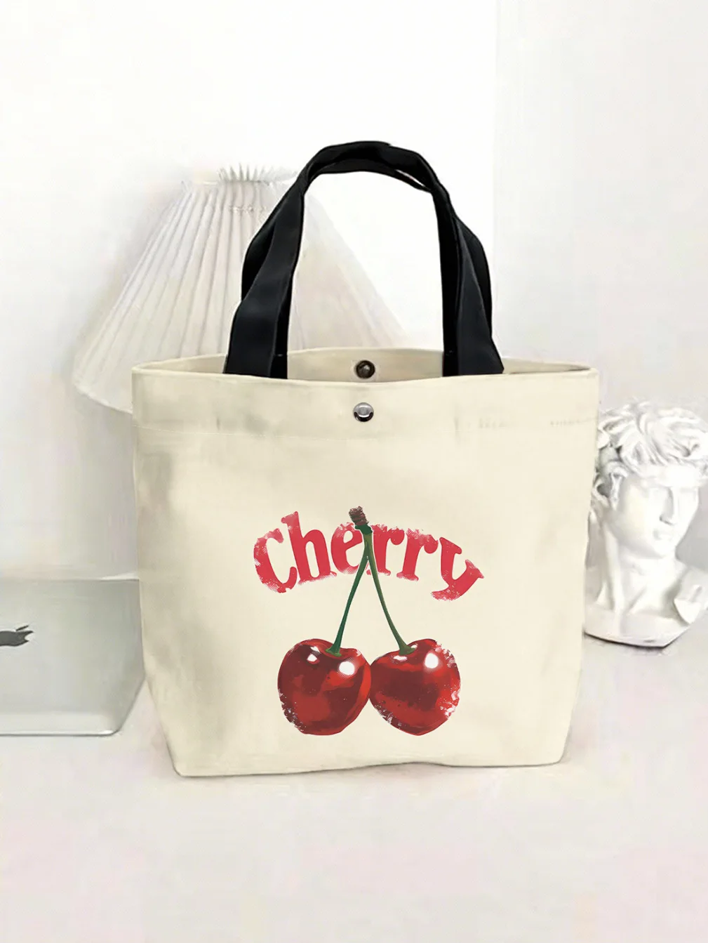 Cherry Letter Print Tote Bag With Snap Button For Shopping Travel Daily Use