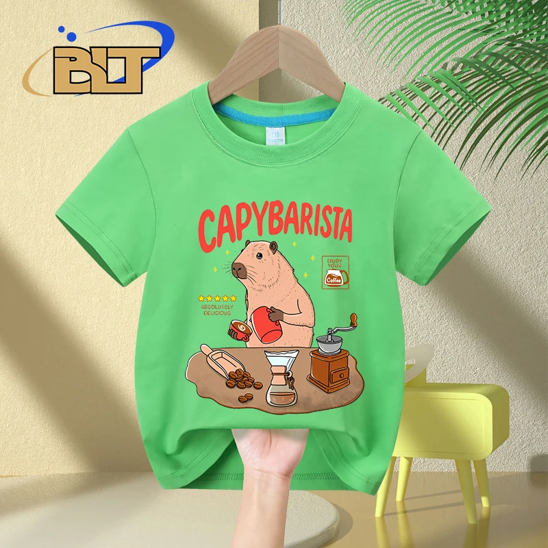 Capybarista เสื้อยืดเด็กพิมพ์ลายการ์ตูน, เสื้อลำลองแขนสั้นผ้าฝ้ายสำหรับเด็กใส่ในฤดูร้อน