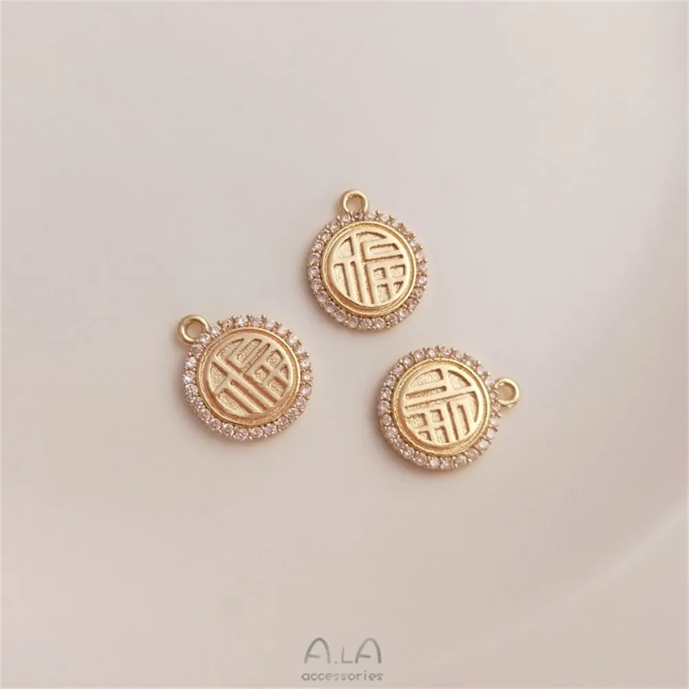 

14K Genuine Gold Zircon Edging Lucky Character Pendant DIY Circular Lucky Sign Pendant Bracelet Necklace Earring Charm Pendant