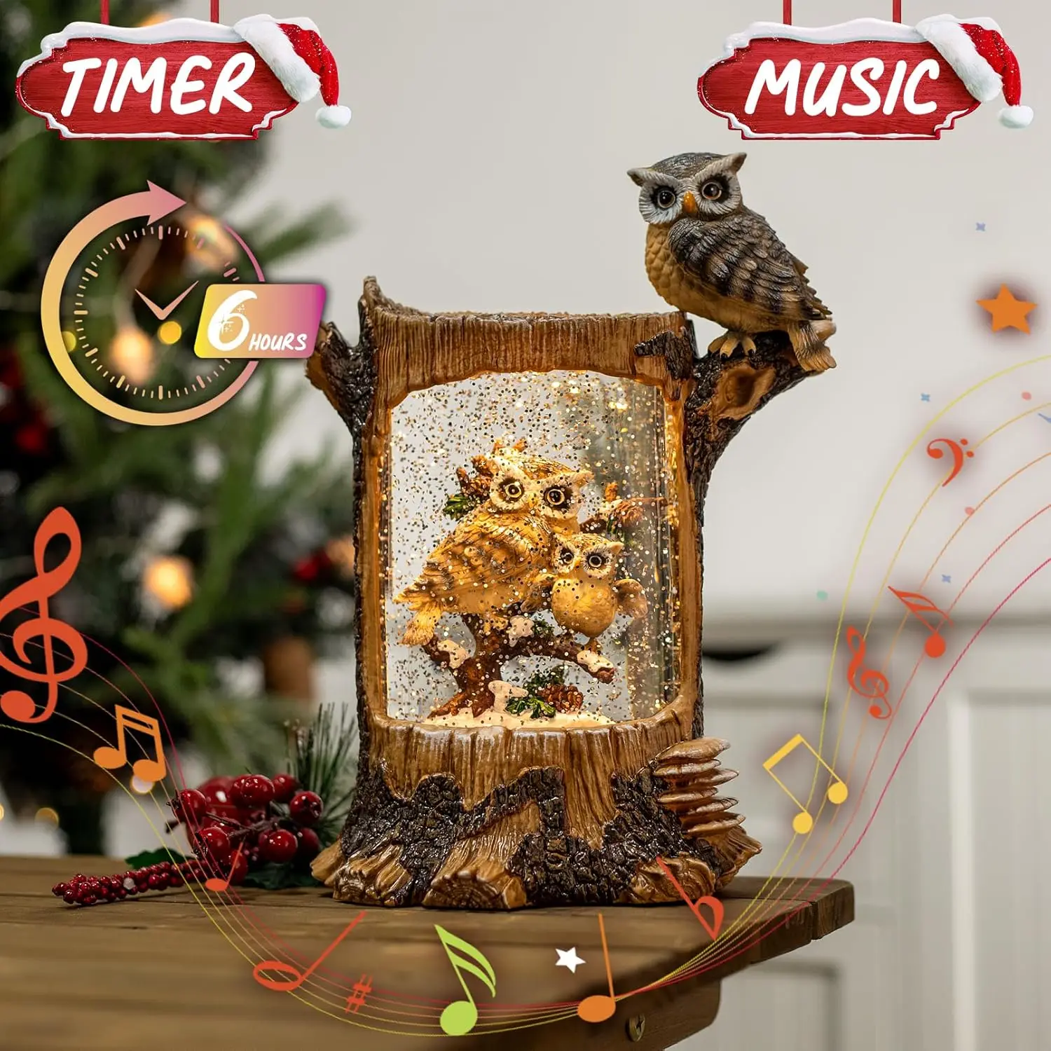 Świąteczna Kula Śnieżna z Rodziną Sów, z Timerem, Muzyczna Latająca Lampionowa Kula Śnieżna, Duże Figurki Kolekcjonerskie, Dekoracja Świąteczna, Zasilanie Bateryjne/USB
