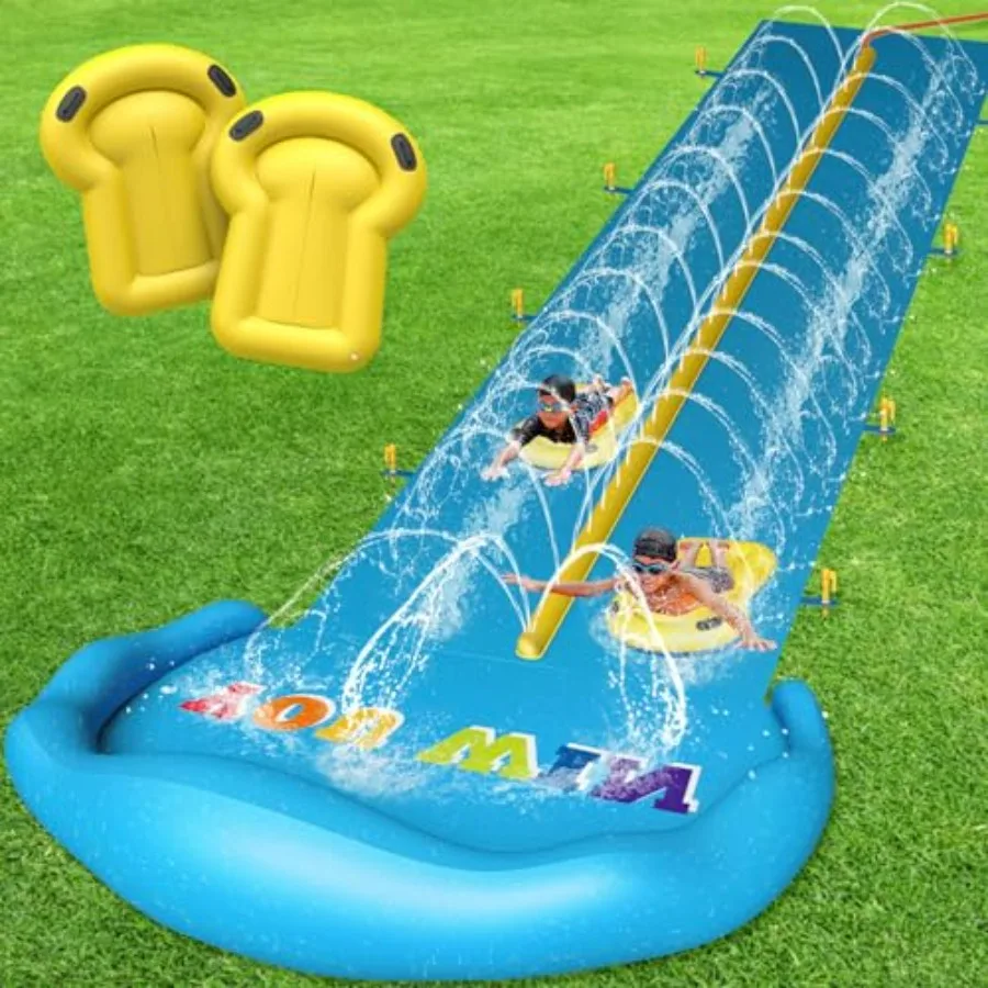 Backyard water play slide for kids and adults, heavy-duty PVC, blue and yellow, extra-long 32.8 FT inflatable double-lane slip