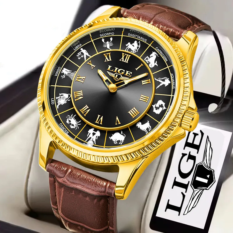 LIGE Creative 12 Constellation Big Dial Watch Men Fashion Leather Luminous Waterproof Quartz Wristwatches For Men Montre Homme