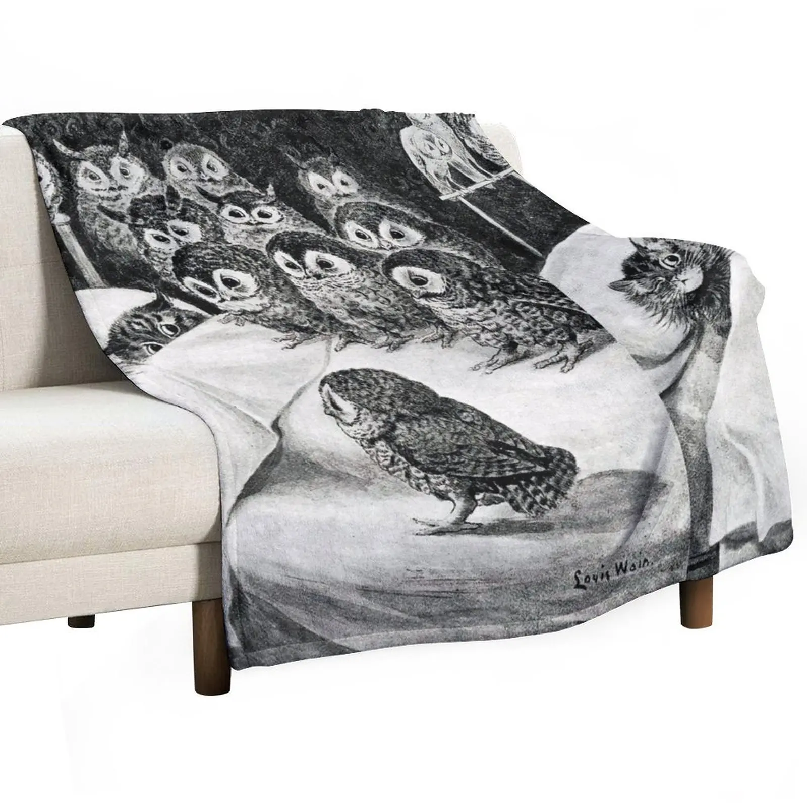 

Louis Wain Cat Nightmare Owl Bird Throw Blanket Travel Size Cozy Blanket for Plane Train