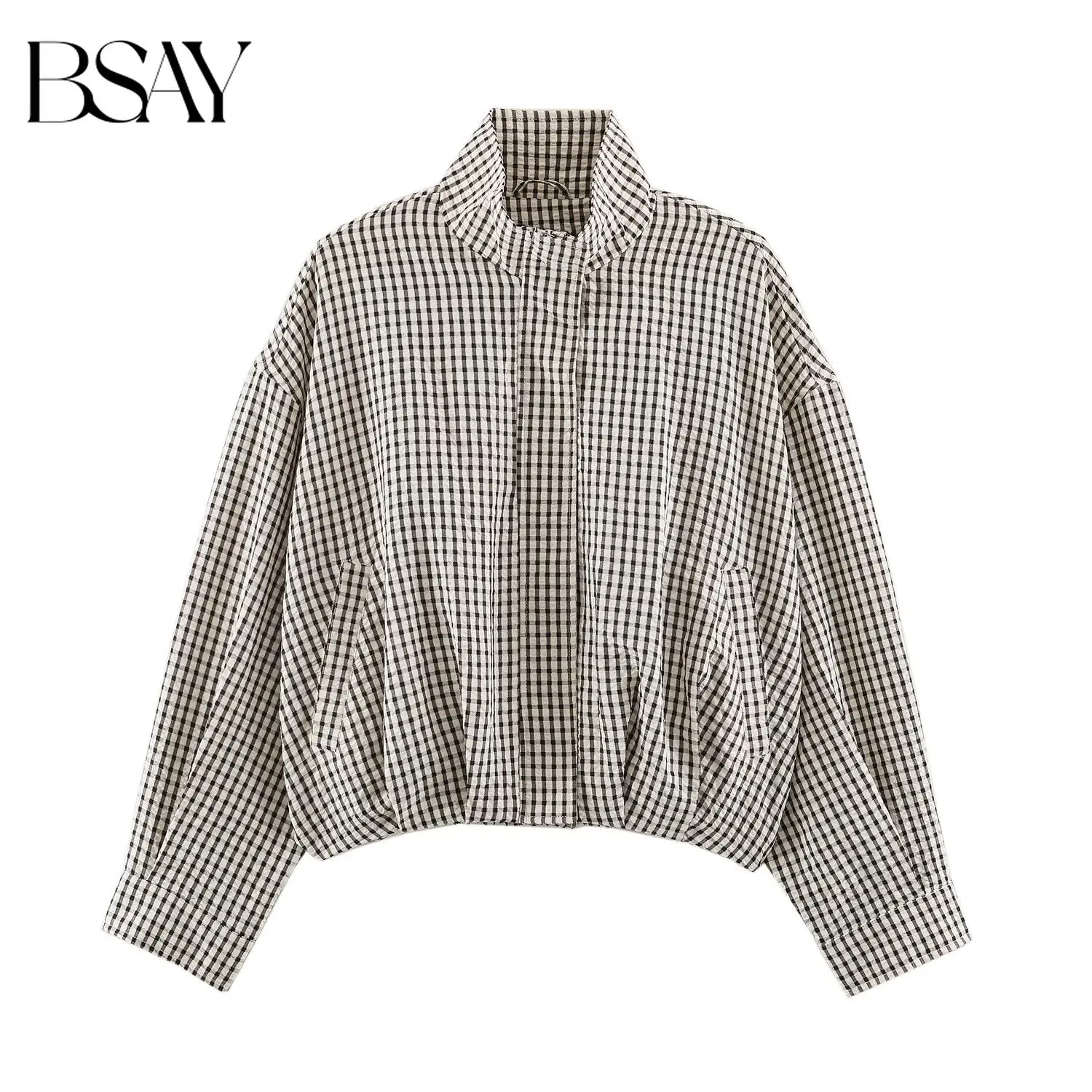 BSAY 2026 Minimalist Women Cropped Gingham Jacket Stand Collar Full Zip Pocket Long Sleeve Loose Vintage Plaid Daily Outer Top